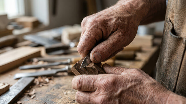 Closeup of senior craftsmans hands carving wood with a chisel.