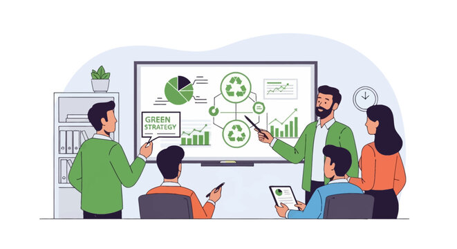 Diverse team of professionals in a modern office discussing a sustainable green business strategy using data charts, graphs, and recycling symbols on a large digital screen.