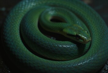 Fototapeta premium A coiled green snake with glossy scales rests in dim, shadowy surroundings, its head slightly raised and eyes alert.