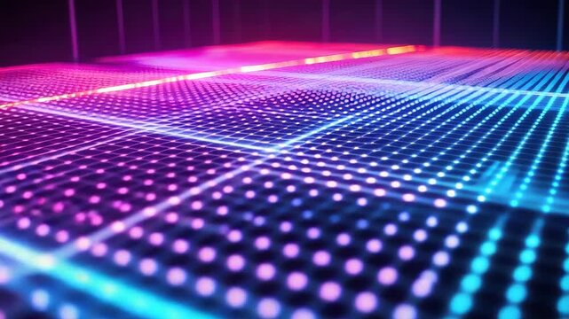 Colorful lights pulse and change patterns on the dance floor during an event in a city club at night. People enjoy the lively atmosphere as music plays