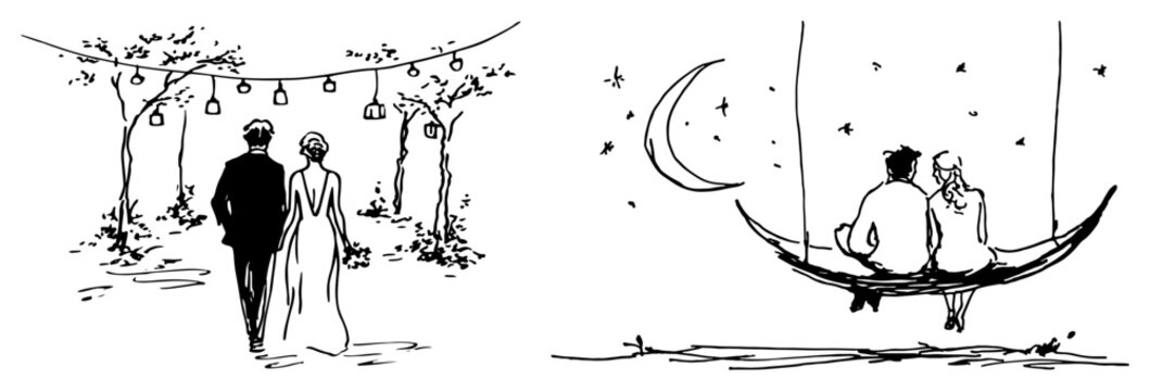 Couple walking under hanging lanterns and lovers sitting on crescent moon swing in minimalist line art style