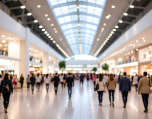 Fototapeta premium A blurred view showcases a bustling airport terminal filled with people in motion.
