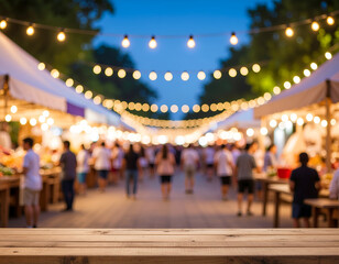 Fototapeta premium A bustling outdoor market is illuminated by strings of warm lights at dusk.