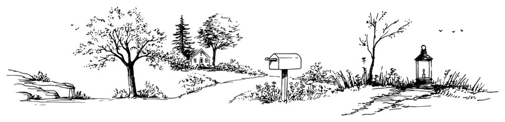 Fototapeta premium Countryside landscape with mailbox and rural path leading to a cottage house in hand drawn sketch style