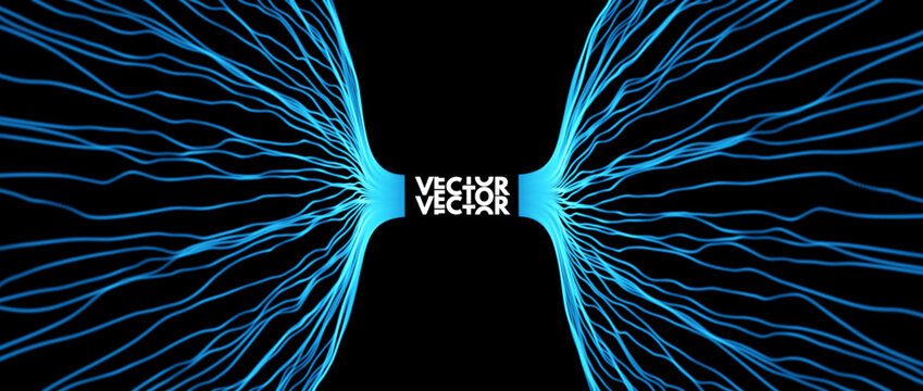 Two touching objects consisting of points. Grid. Electric or magnetic fields. Energy flows of blue lines on a black background. Scientific illustration. 3d vector for flyer, poster, cover or brochure.