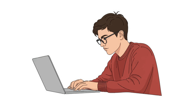 Young man with brown hair and glasses wearing a red long-sleeve sweater sitting and typing on a silver laptop computer, flat vector illustration style isolated on a white background.
