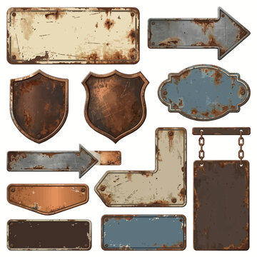 A Commercial Vector Template Pack Featuring a Variety of Aged Rusty Metal Signs, Vintage Shields, and Distressed Arrow Banners for Graphic Design Projects.