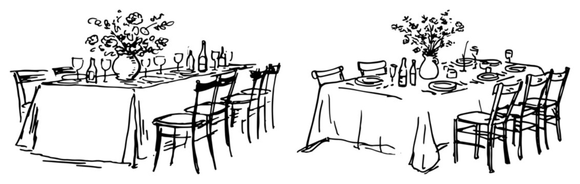 Decorated banquet tables with chairs for event celebration in hand drawn sketch style