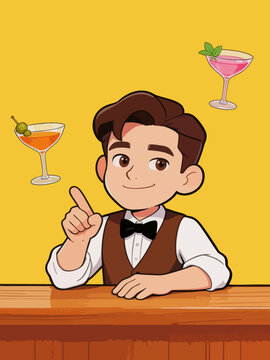 Cartoon Bartender Introducing Craft Cocktail Drinks