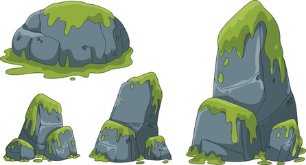 Cartoon Mossy Rock Collection Illustration with Green Stone Formations and Nature Terrain Elements for Adventure and Game Design Projects © Mistha