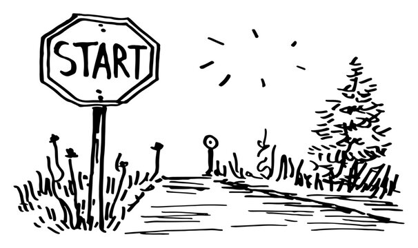 Start sign at the beginning of a path leading into nature in black and white sketch style