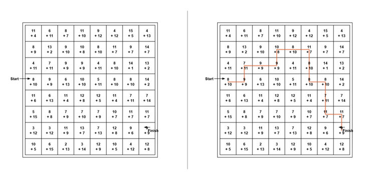 Math Logic Addition Path Grid Puzzle with Answer Key Vector Worksheet