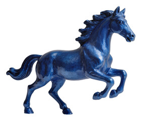 Fototapeta premium Isolated beautiful blue horse statue, a glossy ceramic sculpture in a dynamic rearing pose.