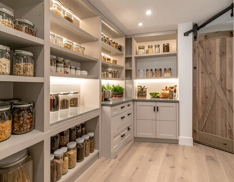 Organized pantry shelves with food storage jars and sliding barn door neutral tones