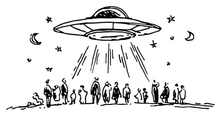 Flying saucer UFO hovering over group of people in night sky hand drawn sketch © Celestynka