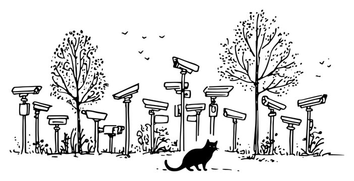 Black cat walking through field of surveillance cameras conceptual hand drawn sketch