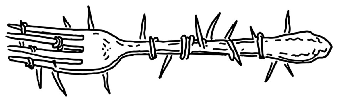 Fork wrapped in sharp barbed wire conceptual hand drawn sketch