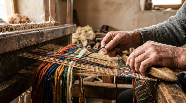 Weaving Loom CloseUp Threads Shuttle and Skilled Hands at Work.