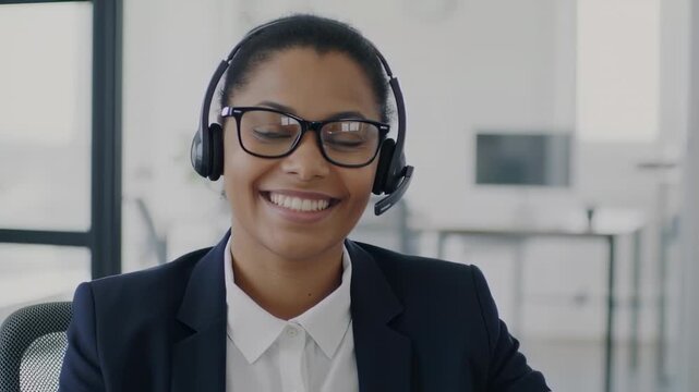 A smiling woman with glasses and a headset appears in a well-lit office setting
