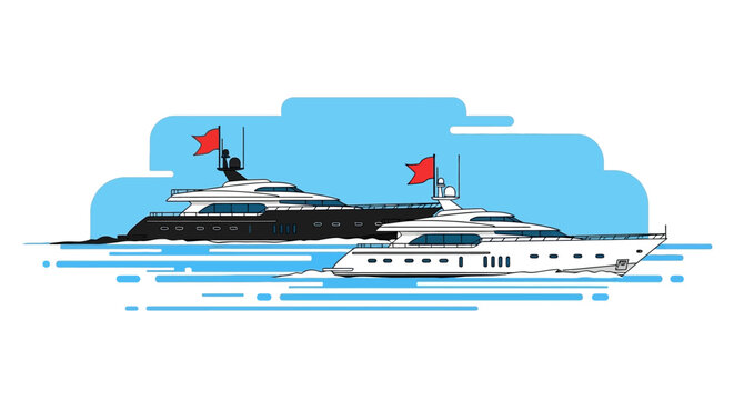 Luxury yacht on water with red flags modern flat style silhouette