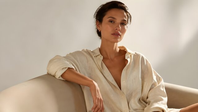 Woman sitting on a beige couch For Branding purposes with a neutral background and soft lighting