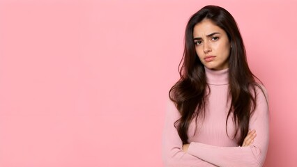 Fototapeta premium Woman stands confidently For Branding with arms crossed on pink background wearing turtleneck