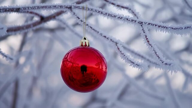 A shiny red ornament hangs from a frosty tree branch. The scene is soft and wintery