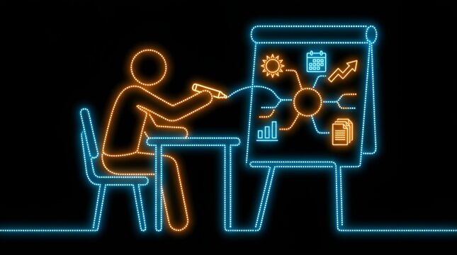 Creative planning and mind mapping in glowing line art