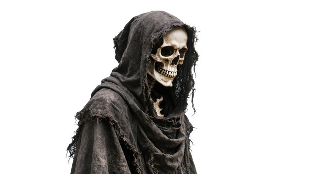 Isolated creepy skeleton in dark tattered hooded robe, spooky death figure for Halloween.