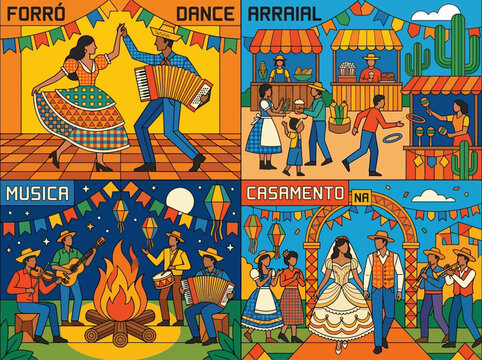 Festa Junina Brazilian Folklore Festival Illustration Set with Forr&oacute; Dancing, Arraial Market, Traditional Music by the Bonfire and Country Wedding Scene