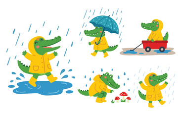 Obraz premium Cute Crocodile Playing in the Rain Clipart Set, Kids Rainy Season Vector Bundle