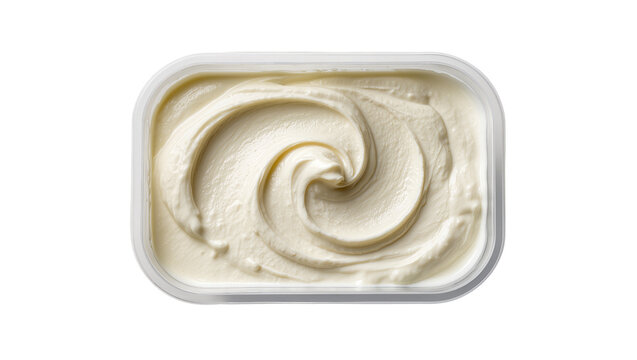 Isolated clear plastic container of creamy white spread, food product with elegant swirl