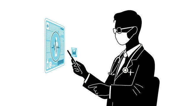 Silhouette of a male doctor wearing a protective face mask and glasses, using a digital tablet to analyze a holographic medical interface with a heartbeat and patient information.