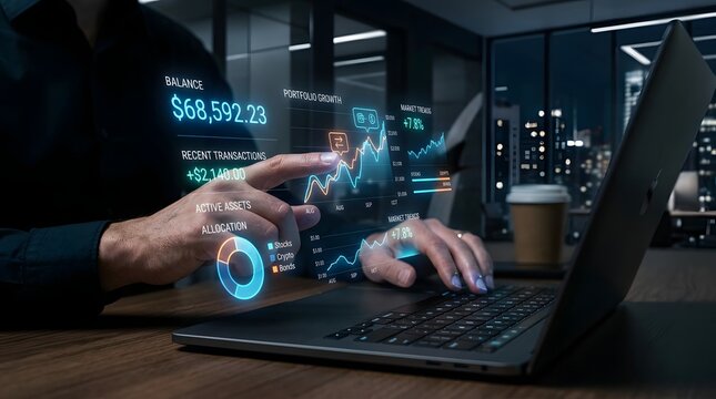 Businessman analyzing cryptocurrency data on futuristic laptop display
