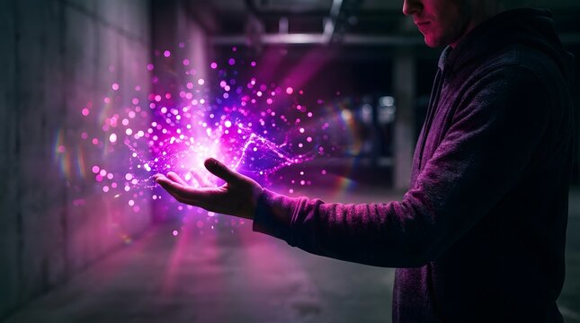 Person holding glowing purple energy or magic effect