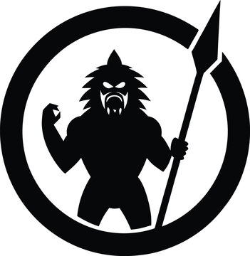 Black silhouette of a werewolf holding a spear in a circle