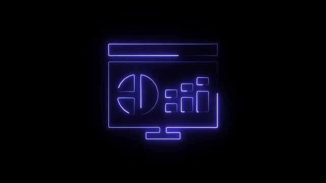 Neon blue computer monitor with pie chart and bar graph on screen