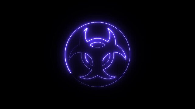 Glowing purple biohazard symbol on a black background with neon lines