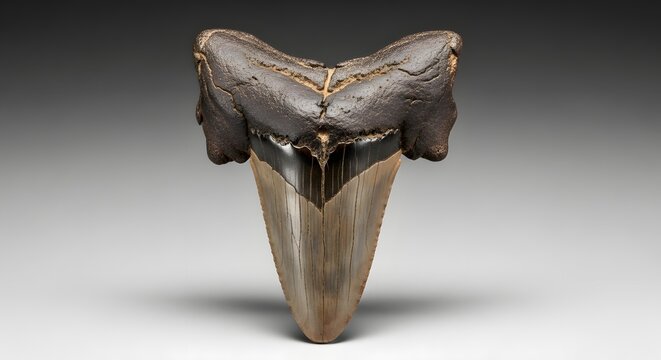 Fossilized Megalodon Tooth Specimen on a White Background.
