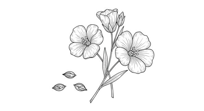 Detailed black and white botanical line drawing of a linseed plant with flowers, leaves, and separate seeds on a white background.