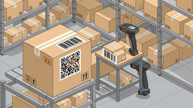 Isometric warehouse with stacked boxes, QR codes, and barcode scanners for logistics