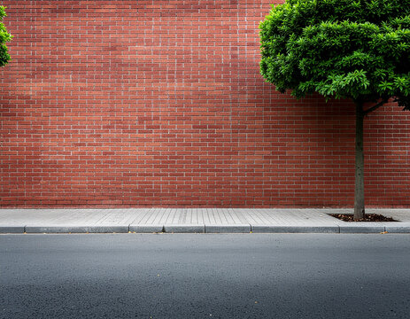 A vibrant red brick wall stands adjacent to a paved sidewalk and a quiet asphalt road, with a neatly trimmed green tree adding a touch of nature to the urban scene.