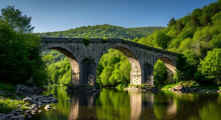Fototapeta premium A stone arch bridge spans a calm river surrounded by lush green forest under a blue sky