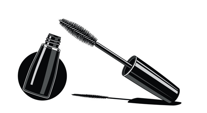Graphic black and white illustration of an open mascara bottle with its application brush resting on a surface.