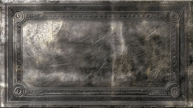 Weathered silver-grey metal plaque with ornate engraved bord with engraved relief in silver and grey