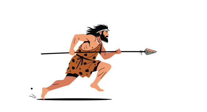 Dynamic illustration of a prehistoric caveman wearing an animal skin and running with a long spear in his hand.