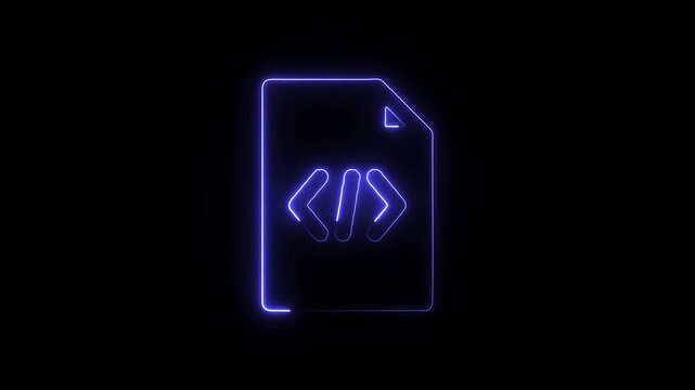Neon blue coding file icon on black background with code symbols