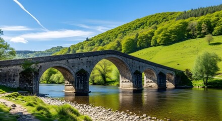 Fototapeta premium An ancient stone arch bridge gracefully spans a clear river surrounded by lush green hills and trees