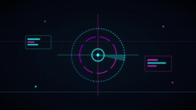 Digital radar interface with neon blue and purple glowing circles on a dark grid background
