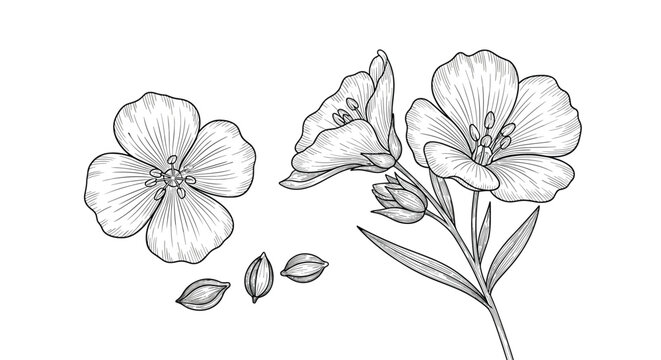 Detailed black and white botanical drawing of linseed flowers and seeds highlights the delicate beauty of the flax plant in artistic style.